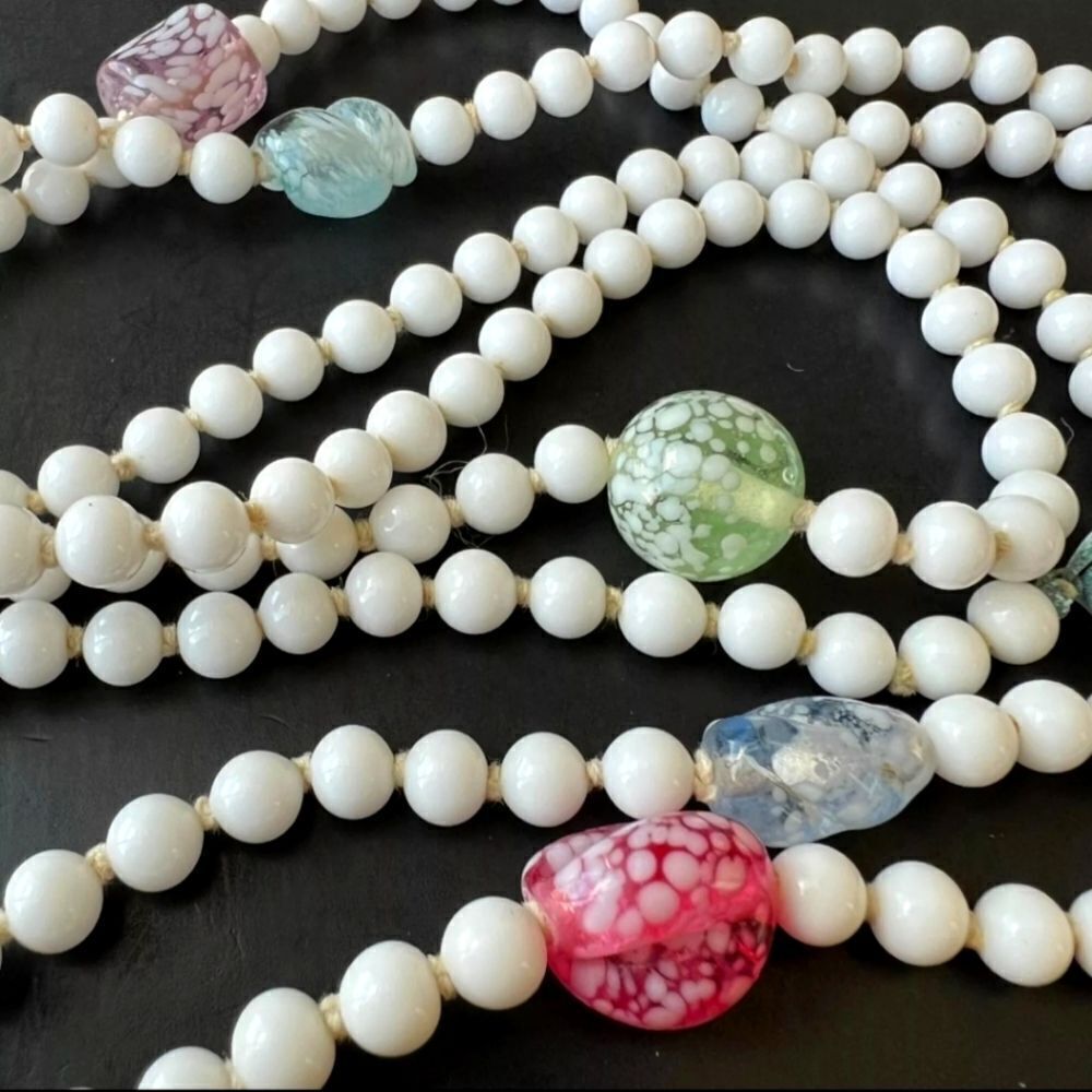 Vintage 52" Long White Milk Glass Bead Pastel Splatter Pink Blue Necklace